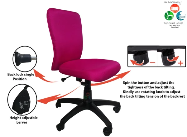 C17 Zebra Armless Height-Adjustable Mid-Back Revolving Chair (Pink)