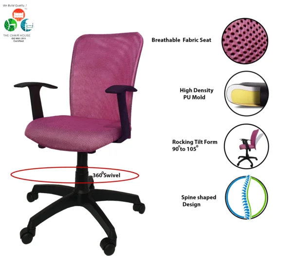 C07 Sigma 'T' Handle Mid-Back Nylon Office Chair (Baby Pink)