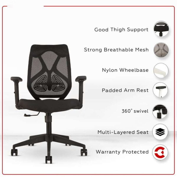 C77 Mid-Back Ergonomic Mesh Office Chair | Pneumatic Hydraulic, 2D Adjustable Armrests (Black)