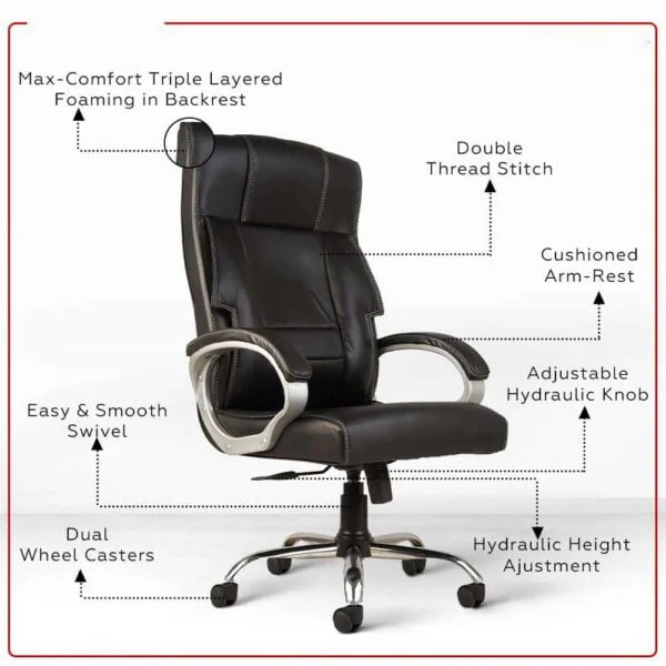 C82  Executive High-Back Leatherette Office Chair | Height Adjustable, Cushioned Armrests (Black)