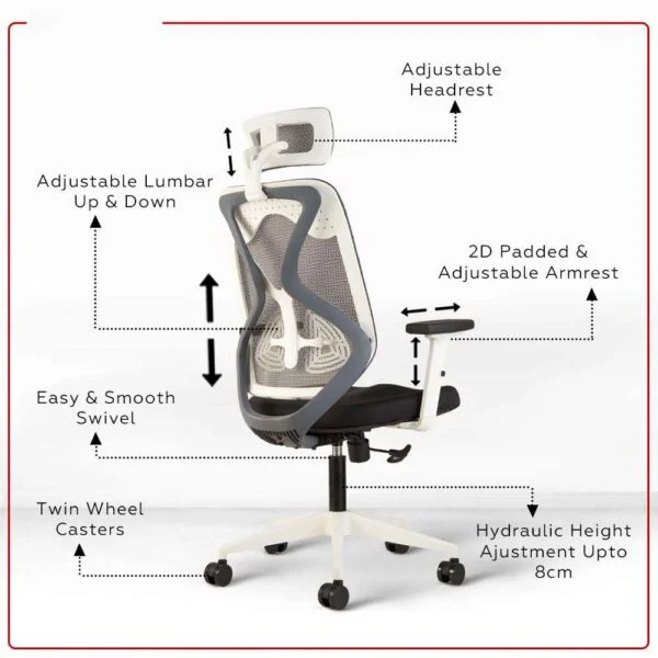 C75 Argon Ergonomic High Back Chair with Seat Slider & 2D Armrests (White)