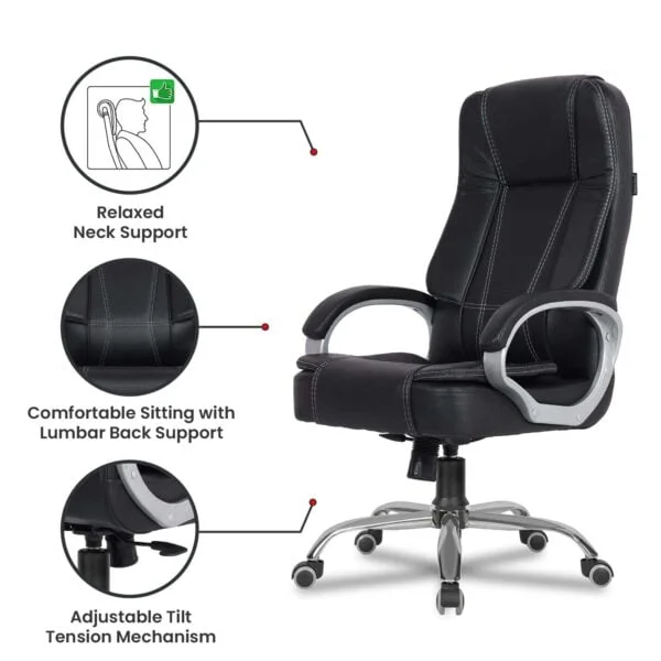 C84 Executive High Back Leatherette Revolving Chair | Adjustable, Cushioned Armrests (Black)