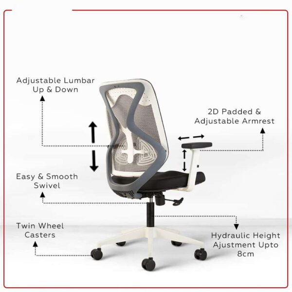 C78 Ergonomic Mesh Office Chair | Pneumatic Hydraulic, 2D Adjustable Armrests (Mid Back - White) 9 C78 Ergonomic Mesh Office Chair | Pneumatic Hydraulic, 2D Adjustable Armrests (Mid Back - White)