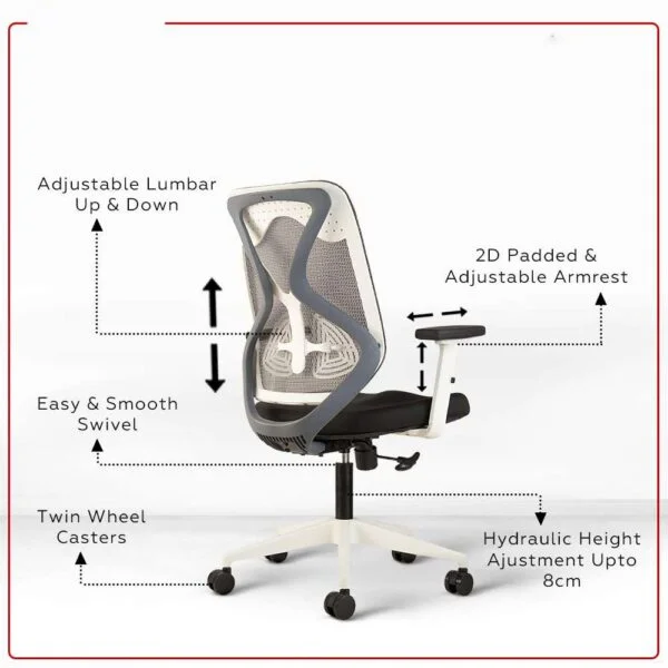 C78 Ergonomic Mesh Office Chair | Pneumatic Hydraulic, 2D Adjustable Armrests (Mid Back - White)