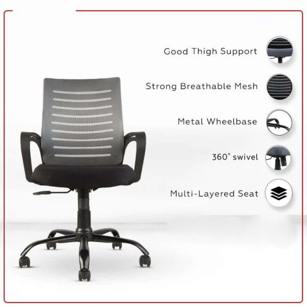 C85 Boom Low-Back Ergonomic Desk Chair | Mesh, Metal Base (Grey & Black)