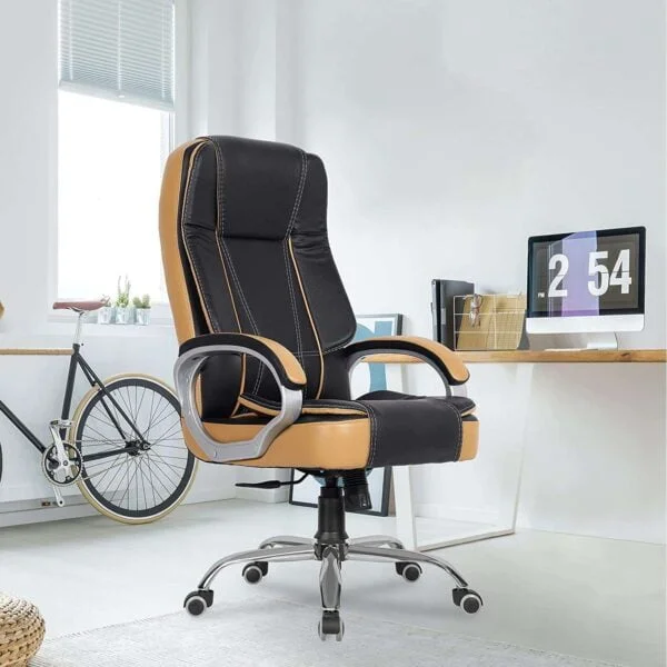 C83 Executive High-Back Leatherette Office Chair | Height Adjustable, Cushioned Armrests (Black-Tan)
