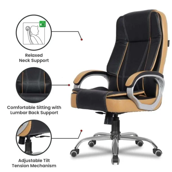 C83 Executive High-Back Leatherette Office Chair | Height Adjustable, Cushioned Armrests (Black-Tan)