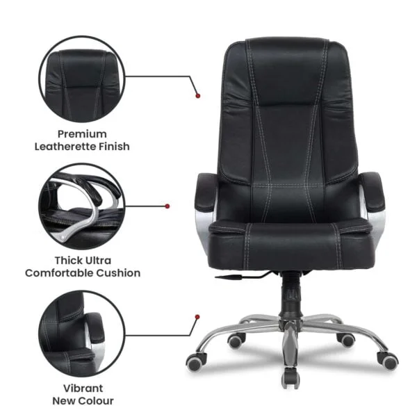 C84 Executive High Back Leatherette Revolving Chair | Adjustable, Cushioned Armrests (Black)