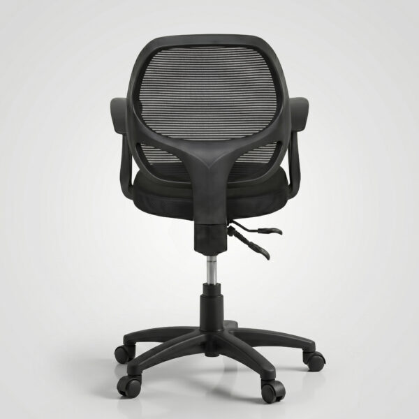 Close-up of the breathable nylon mesh 'S' handle backrest on the 803 ergonomic chair.