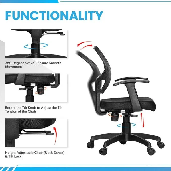 803 MeshBack 'T' Handle Mid-Back Ergonomic Chair | Revolving Office Chair  (Black