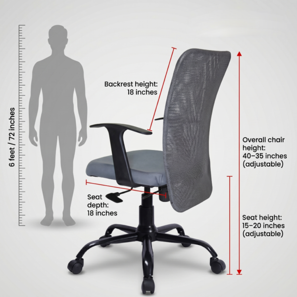 Fixed sturdy T-handle armrests and thick grey padded fabric seat on Sigma chair
