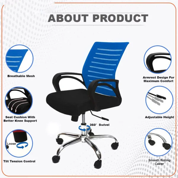 C111 Boom Ergonomic Mesh Office Chair | Swivel, Height Adjustable, Fixed PU Armrest (Black & Blue)
