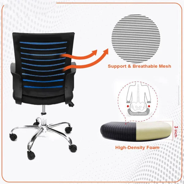 C111 Boom Ergonomic Mesh Office Chair | Swivel, Height Adjustable, Fixed PU Armrest (Black & Blue)