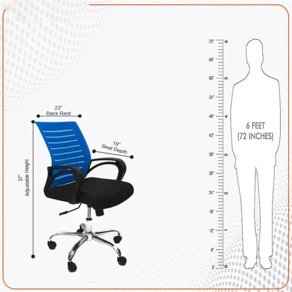 C111 Boom Ergonomic Mesh Office Chair | Swivel, Height Adjustable, Fixed PU Armrest (Black & Blue)