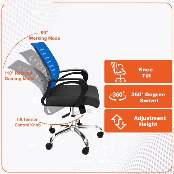 C111 Boom Ergonomic Mesh Office Chair | Swivel, Height Adjustable, Fixed PU Armrest (Black & Blue)