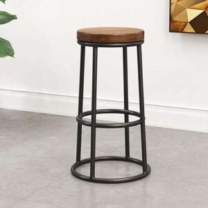 Barstool, Wrought Iron Barstool, Solid Wood Seat + Round Foot Pedal, Vintage Coffee Chair (Brown, 65 cm)