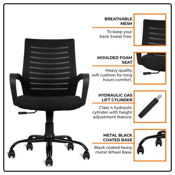 805 Mesh Back Ergonomic Chair | White Frame, Study/Desk/Home Office Chair (Black) - Image 2