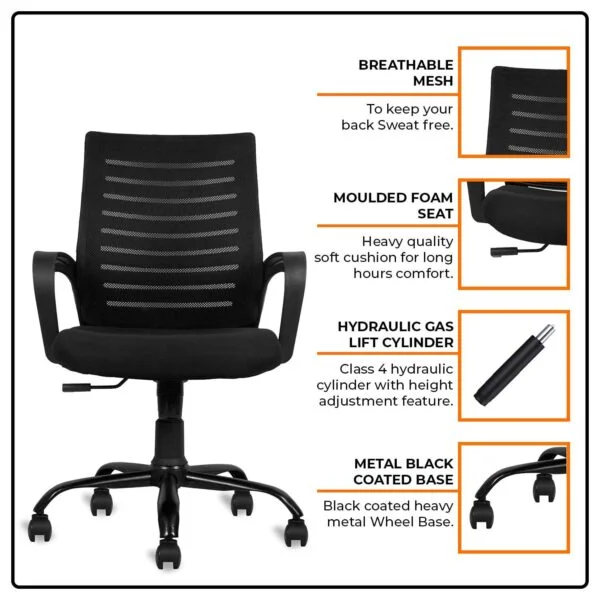 805 Mesh Back Ergonomic Chair | White Frame, Study/Desk/Home Office Chair (Black)