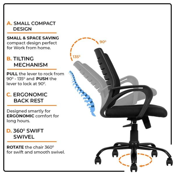 805 Mesh Back Ergonomic Chair | White Frame, Study/Desk/Home Office Chair (Black) - Image 4