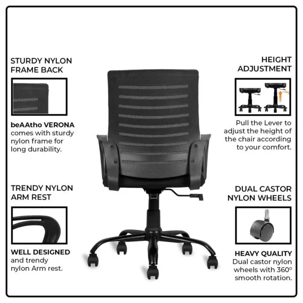 805 Mesh Back Ergonomic Chair | White Frame, Study/Desk/Home Office Chair (Black)