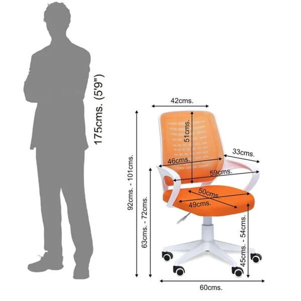 805 Mesh Back Ergonomic Chair | White Frame, Study/Desk/Home Office Chair (Orange )