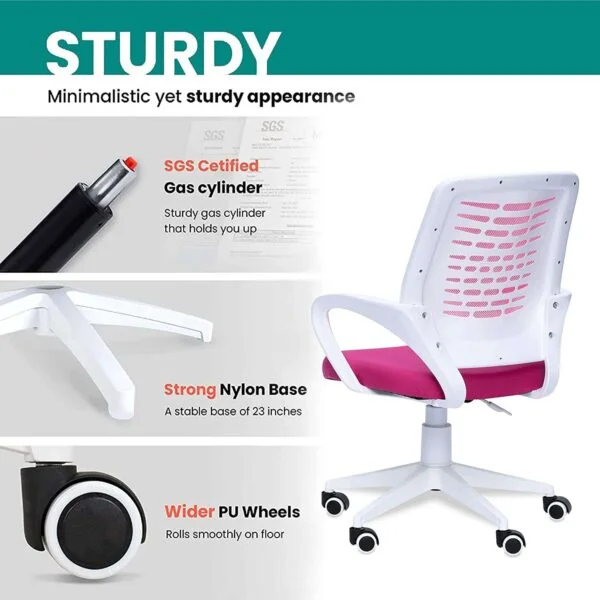 805 Mesh Back Ergonomic Chair | White Frame, Study/Desk/Home Office Chair (Pink)
