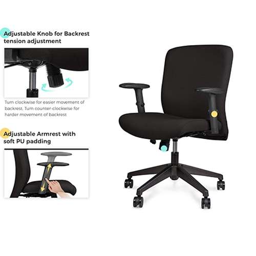 Gary Adjustable Armrest Fabric Medium Back Office Chair (Black)