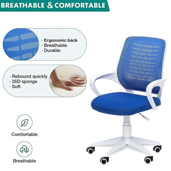 805 Mesh Back Ergonomic Chair | White Frame, Study/Desk/Home Office Chair (Blue) 7 805 Mesh Back Ergonomic Chair | White Frame, Study/Desk/Home Office Chair (Blue)