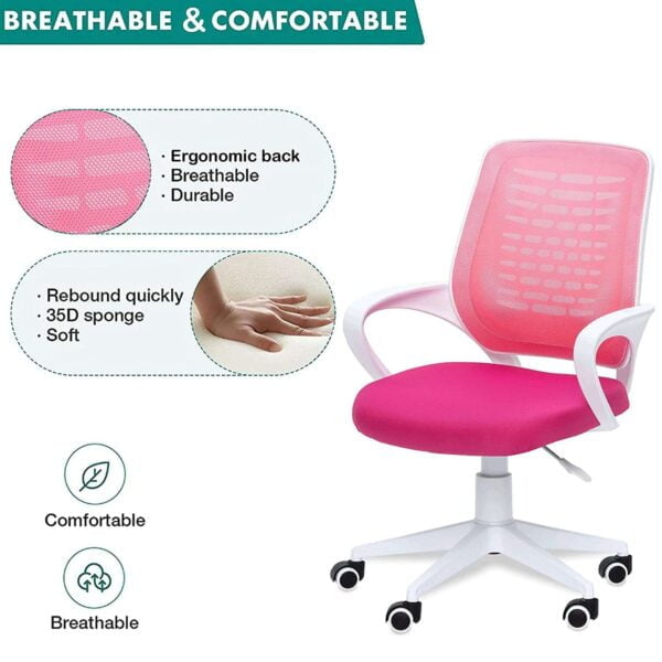 805 Mesh Back Ergonomic Chair | White Frame, Study/Desk/Home Office Chair (Pink) 8 805 Mesh Back Ergonomic Chair | White Frame, Study/Desk/Home Office Chair (Pink)