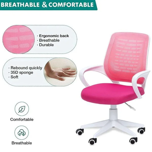 805 Mesh Back Ergonomic Chair | White Frame, Study/Desk/Home Office Chair (Pink)