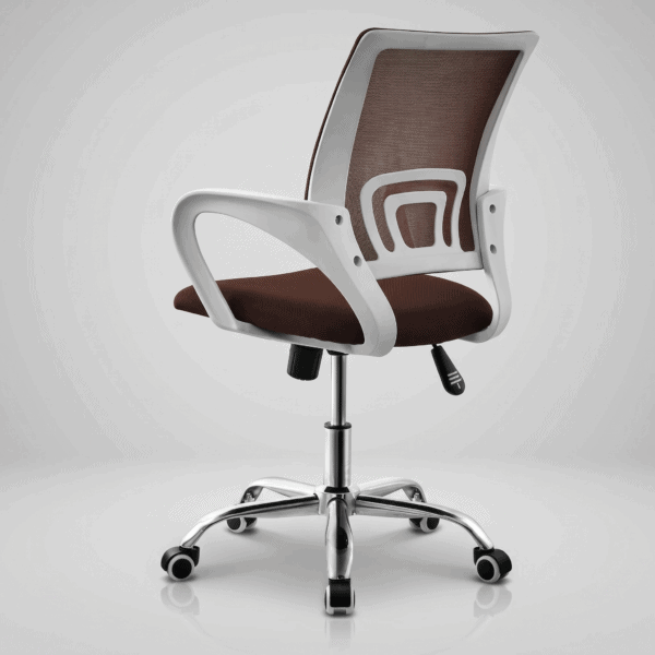 Ergonomic mesh swivel chair with armrests in brown for office use.