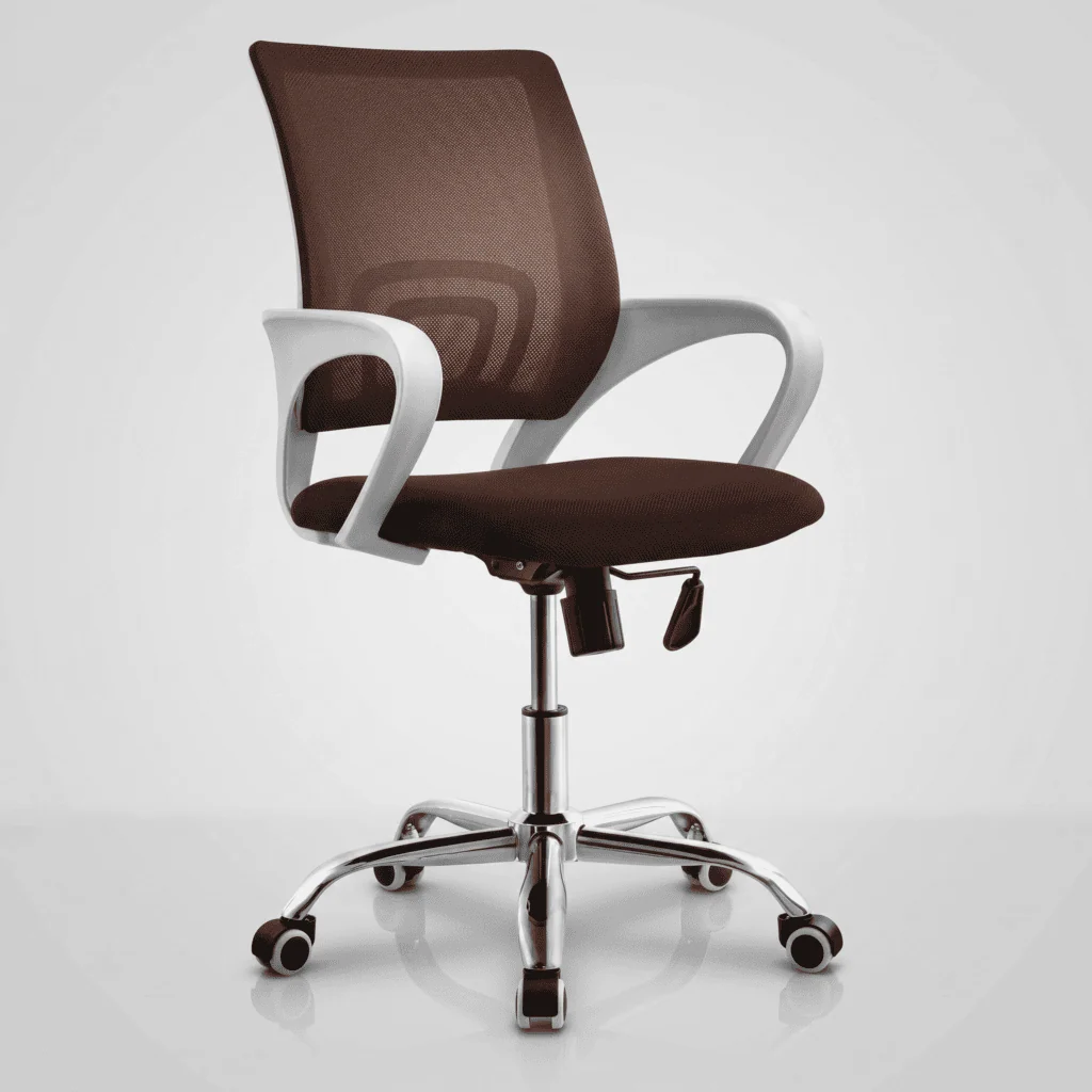 Brown ergonomic mesh swivel chair with armrests for office use.