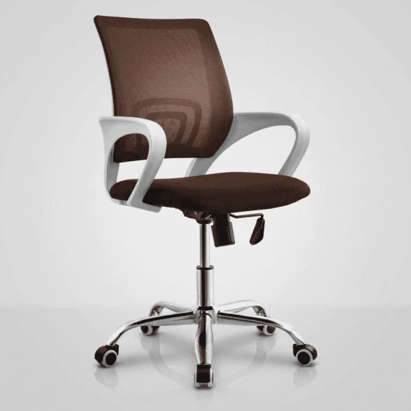 Brown ergonomic mesh swivel chair with armrests for office use.