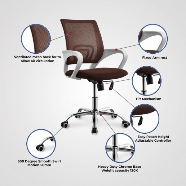 High-performance task chair featuring a curved biomechanical backrest for lower back pain prevention, high-tensile breathable brown mesh, and an ultra-plush high-density elastic foam seat pan built for long study or remote work sessions.