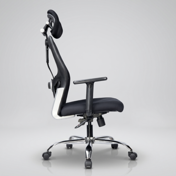 Close-up of C138 Matrix adjustable mesh headrest and breathable backrest material.