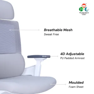 Comfy High Back Ergonomic Chair Designed for Superior Lumbar Support, Adjustable Tilt Functionality & Luxurious Armrests & Headrest (White Colour) 32 Comfy High Back Ergonomic Chair White