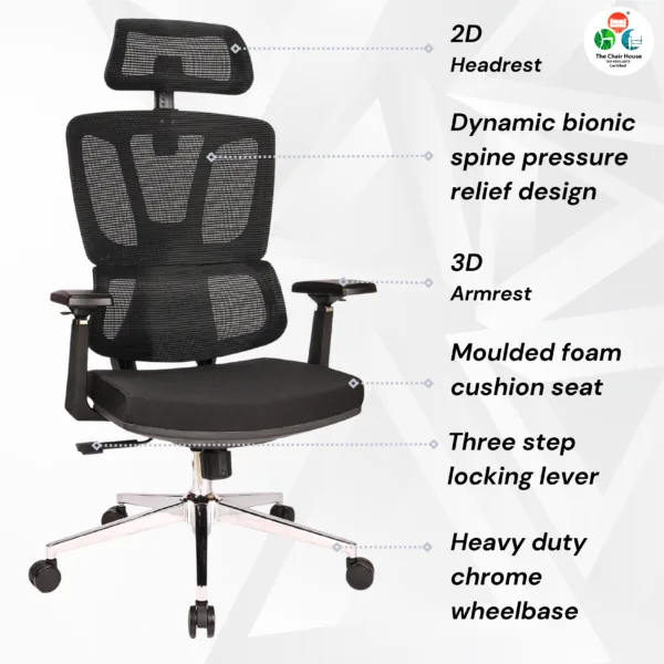 C154- VENZO High Back Ergonomic Mesh Office Chair with Auto Adjustable Lumbar Support, 3D Armrests, Multi-Tilt Lock Mechanism & Strong Chrome Base 5 years warranty 15 C154- VENZO High Back Ergonomic Mesh Office Chair with Auto Adjustable Lumbar Support, 3D Armrests, Multi-Tilt Lock Mechanism & Strong Chrome Base - (Black)