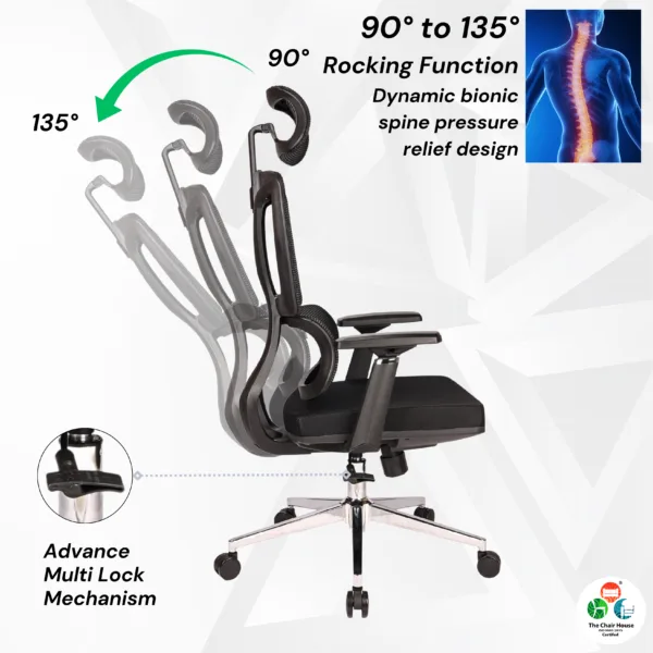 C154- VENZO High Back Ergonomic Mesh Office Chair with Auto Adjustable Lumbar Support, 3D Armrests, Multi-Tilt Lock Mechanism & Strong Chrome Base 5 years warranty 16 C154- VENZO High Back Ergonomic Mesh Office Chair with Auto Adjustable Lumbar Support, 3D Armrests, Multi-Tilt Lock Mechanism & Strong Chrome Base - (Black)