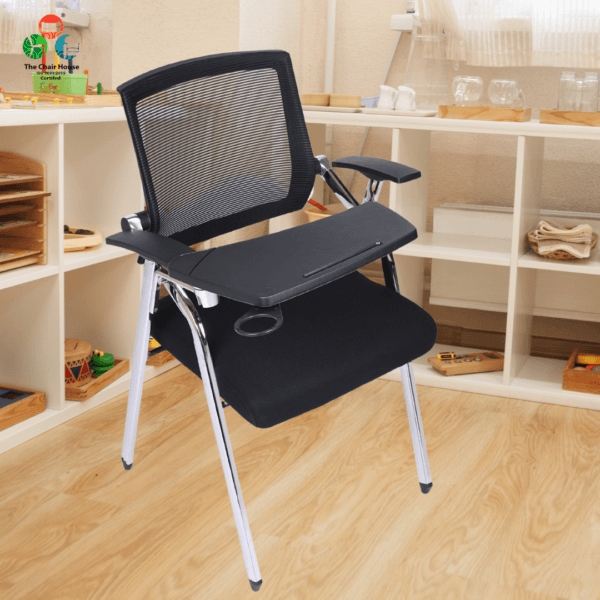 T03- Multifunctional Folding Desk Chair Tablet Arm Writing Board and Cup Holder Metal Frame Backrest ( Black Color )