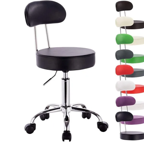 Revolving Stool with Chrome-Plated Steel Base and Backrest Work Stool Swivel Stool Work Seat Practice Stool 360° Rotatable 5 Wheels Padded
