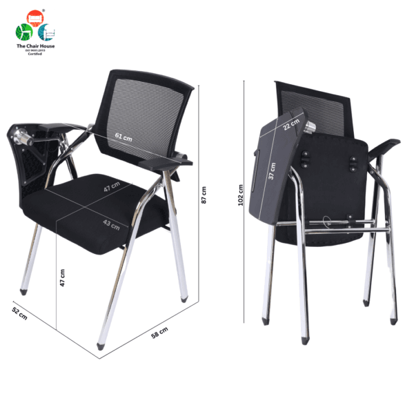 T03- Multifunctional Folding Desk Chair Tablet Arm Writing Board and Cup Holder Metal Frame Backrest ( Black Color )