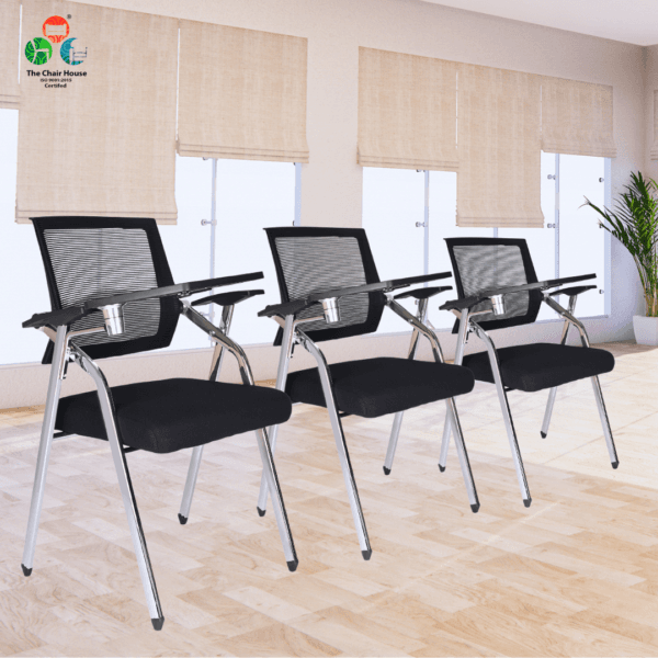 T03- Multifunctional Folding Desk Chair Tablet Arm Writing Board and Cup Holder Metal Frame Backrest ( Black Color )