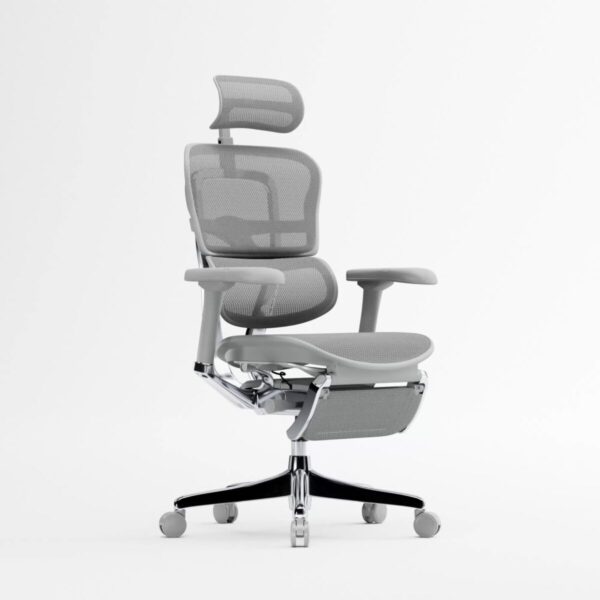 Extendable footrest on the Grey Ergohuman Elite 2.0 office chair in reclined position