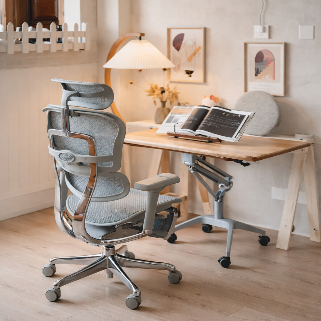 Grey Ergohuman Xpert Elite 2.0 ergonomic office chair with mesh back and footrest