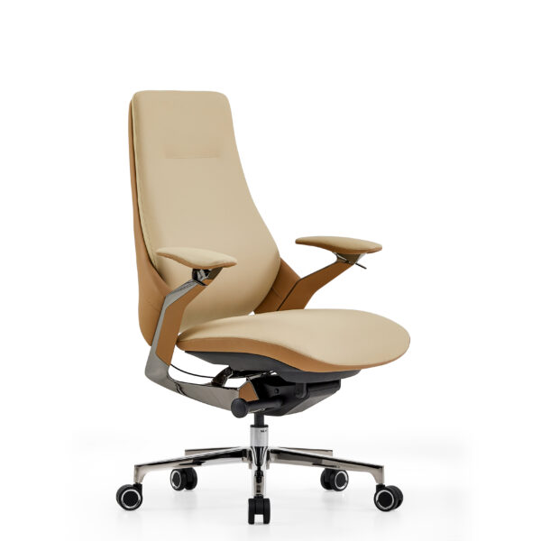 AERION Medium Back Ergonomic Executive Model Imported Leather, Titanium Gun Metal Finish, BIFMA Certified Colour Beige+Tan