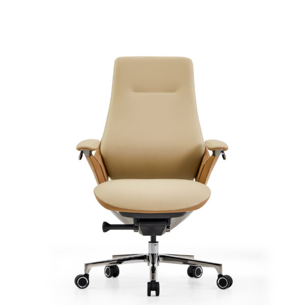 AERION Medium Back Ergonomic Executive Model Imported Leather, Titanium Gun Metal Finish, BIFMA Certified Colour Beige+Tan