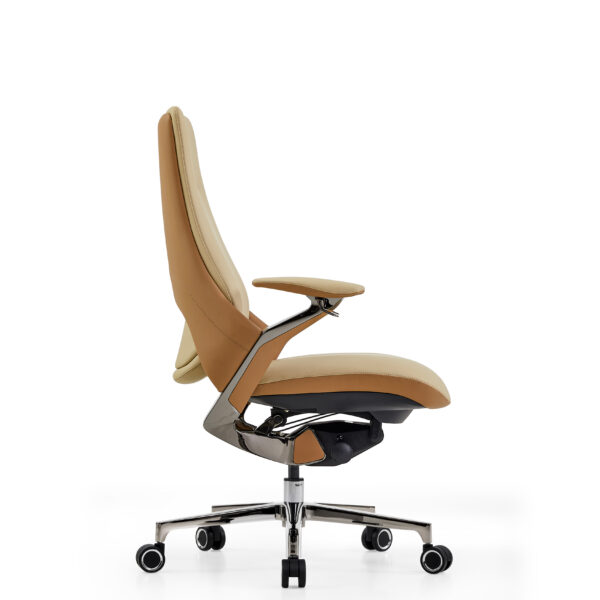 AERION Medium Back Ergonomic Executive Model Imported Leather, Titanium Gun Metal Finish, BIFMA Certified Colour Beige+Tan