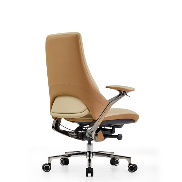 AERION Medium Back Ergonomic Executive Model Imported Leather, Titanium Gun Metal Finish, BIFMA Certified Colour Beige+Tan