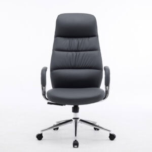Dark blue high back executive office chair with ergonomic curved backrest and chrome base.