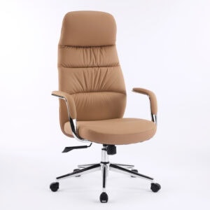 Tan high back executive office chair with ergonomic curved backrest and chrome base.